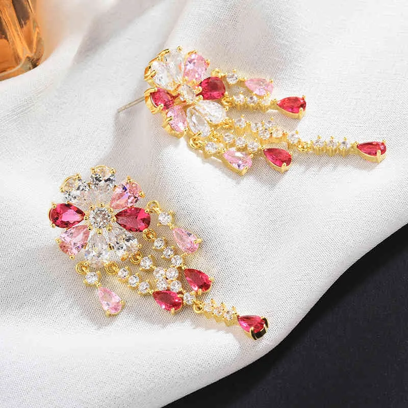 Pink Crystal Flower Women Fashion Tassel Drop Water Stud Earrings Brand Luxurious Wedding Jewelry With Cubic Zriconia