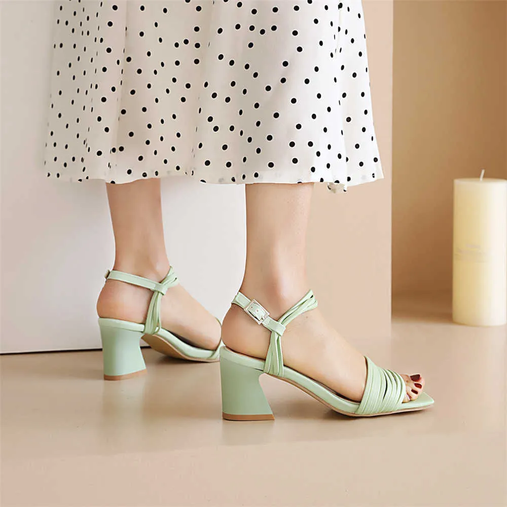 Летние Peep Toe Bandkle Brap Sandals Женщины густые высокие каблуки обувь пряжка вечеринка леди зеленый белый фиолетовый розовый размер 33-43 y0721