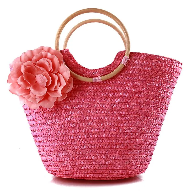 Evening Bags Casual Flower Rattan Large Capacity Tote Round Handle Wicker Woven Women Handbags Summer Beach Big Straw Bali Travel 213k