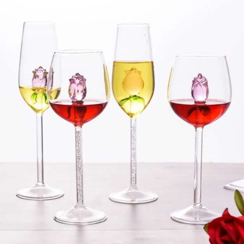 Bicchieri da vino rosato Tazze con rosa all'interno Bicchiere da vino Ottimo i regali della settimana Compleanno Festa di nozze Celebrazione di Natale 35ED X070193R