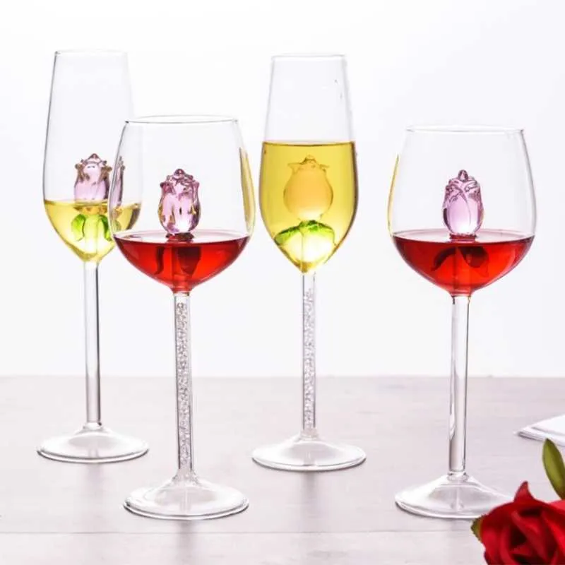 Copos de vinho rosa canecas com rosa dentro da taça de vinho, ótimos para presentes da semana para aniversário, festa de casamento, celebração de Natal 35ED X070193R