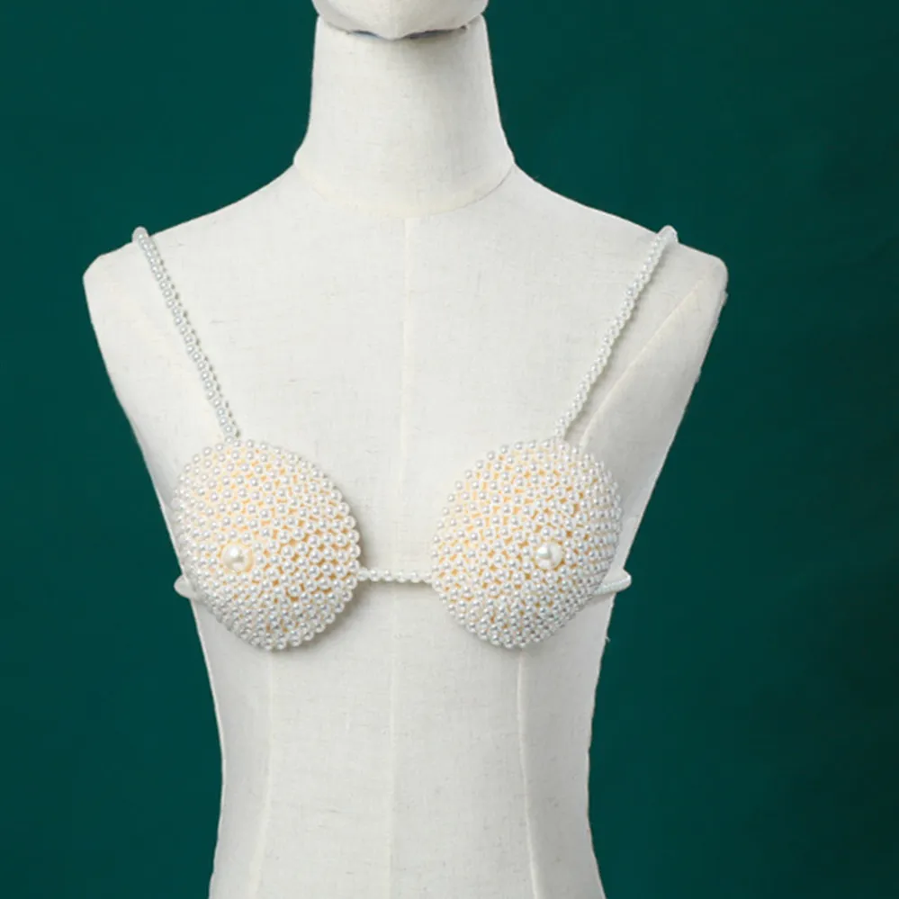 Ins verstelbare parel geweven sexy harnas borst ketting top sieraden voor vrouwen parels lichaam ketting borstbeha