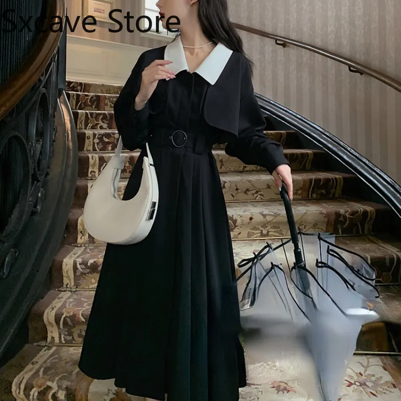 エレガントな黒のミディシャツはゴシックドレス韓国のファッションY2Kビンテージトレンチドレスオフィスレディ秋のシック220311