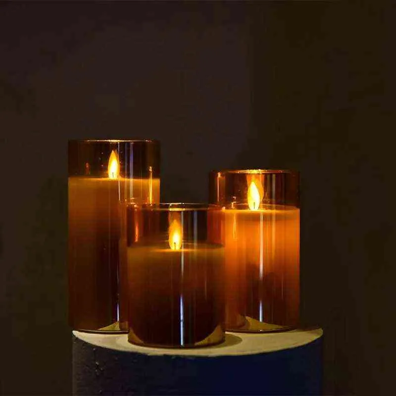 Vidro Âmbar LED Velas Flameless Flicking com Remote, Bateria Operado, Para Casamento, Decorações Festivas, Presente, 3 Pacote H1222