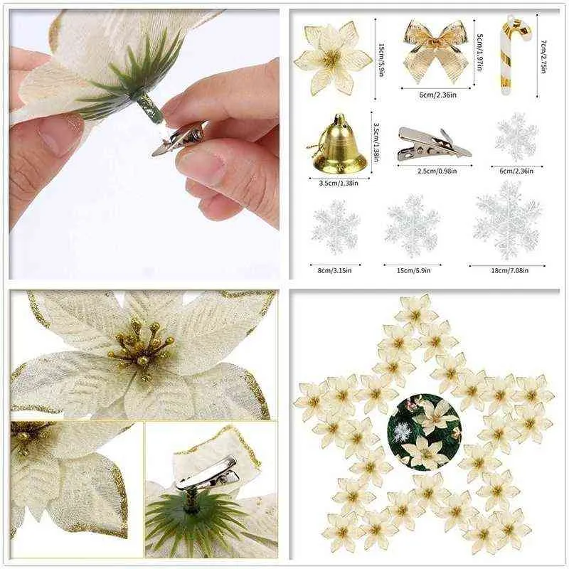 /Christmas Tree Ornaments Artificial Christmas Flowers Bows Bells Snowflakes Small Cane Clip for Wedding Party Chri 211104