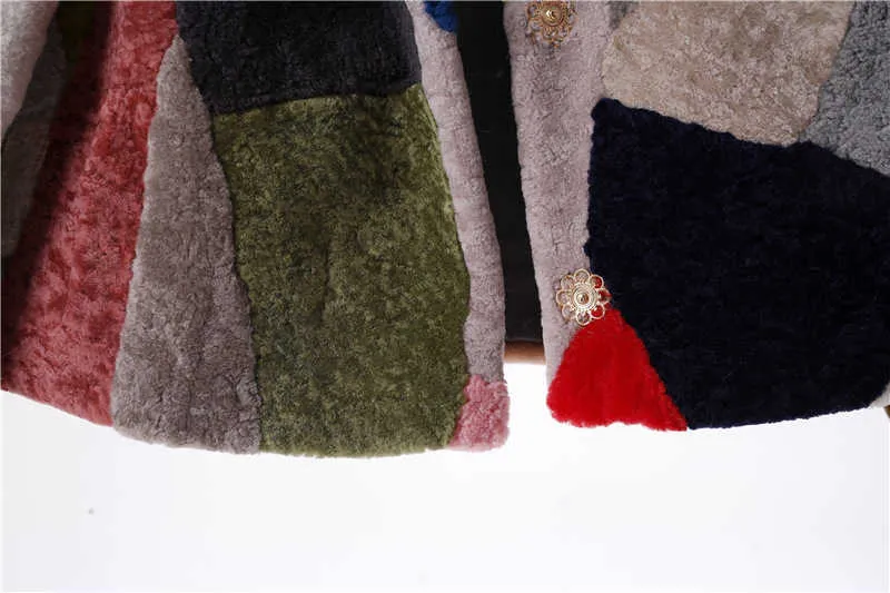 Nobile vera pelliccia cappotti di pelle di pecora le donne inverno moda cappotto di lana femminile caldo outwear patchwork giacca di tosatura delle pecore 210927