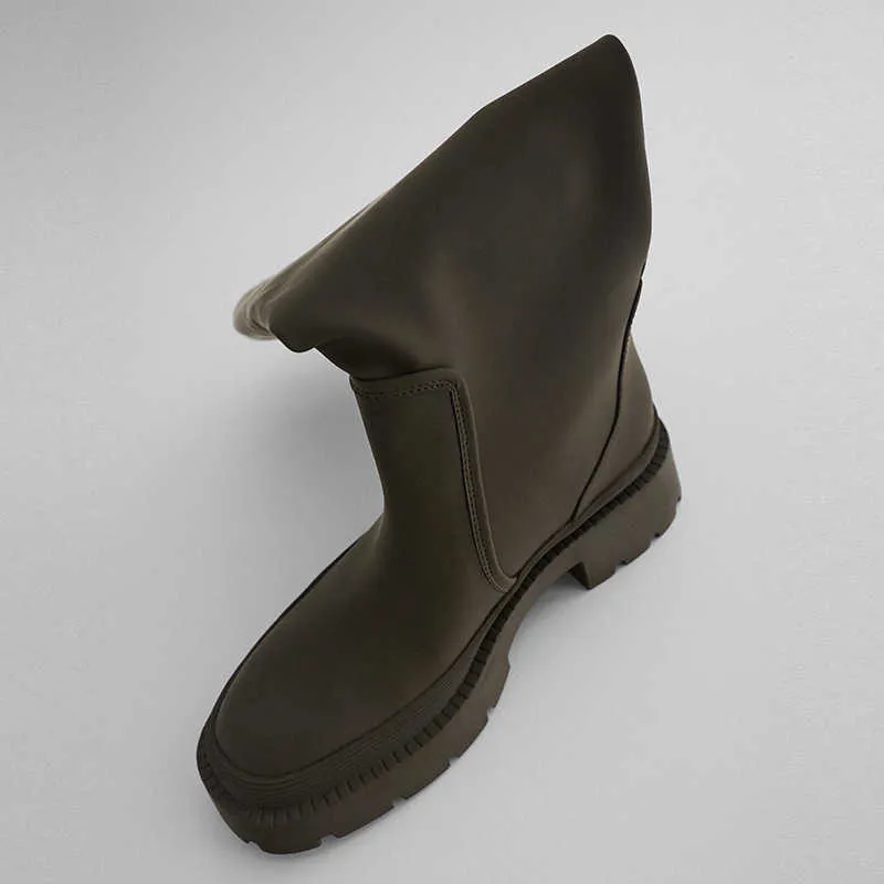 Damenschuhe Khakigrün laminierte flache Stiefel Winter-Kniestiefel 210911