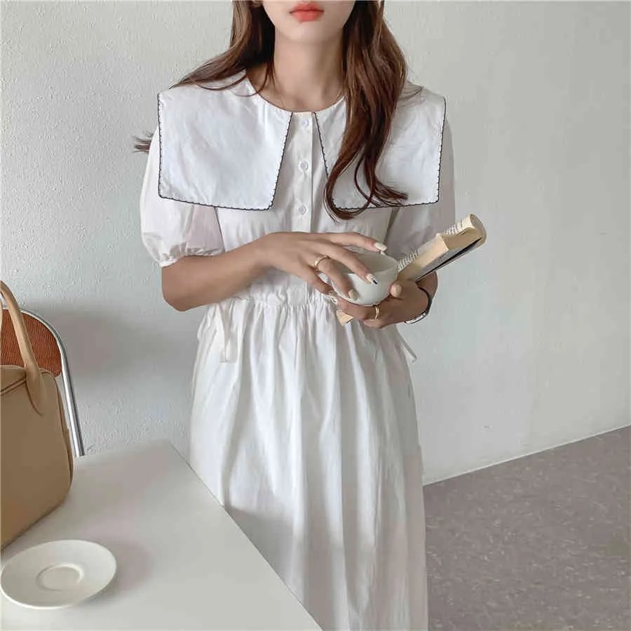 Gentle sjöman Collar Solid Lace-up Girls Shirt Klänningar Streetwear Retro Prom Loose Stylish Femme Lång Klänning Vestidos 210525