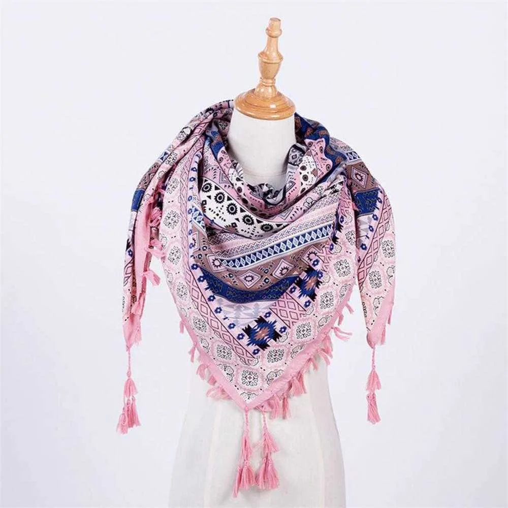 Boho écharpe femmes hiver coton mélanges cou enveloppement long chaud imprimé ethnique Triangle gland multi-usages châle