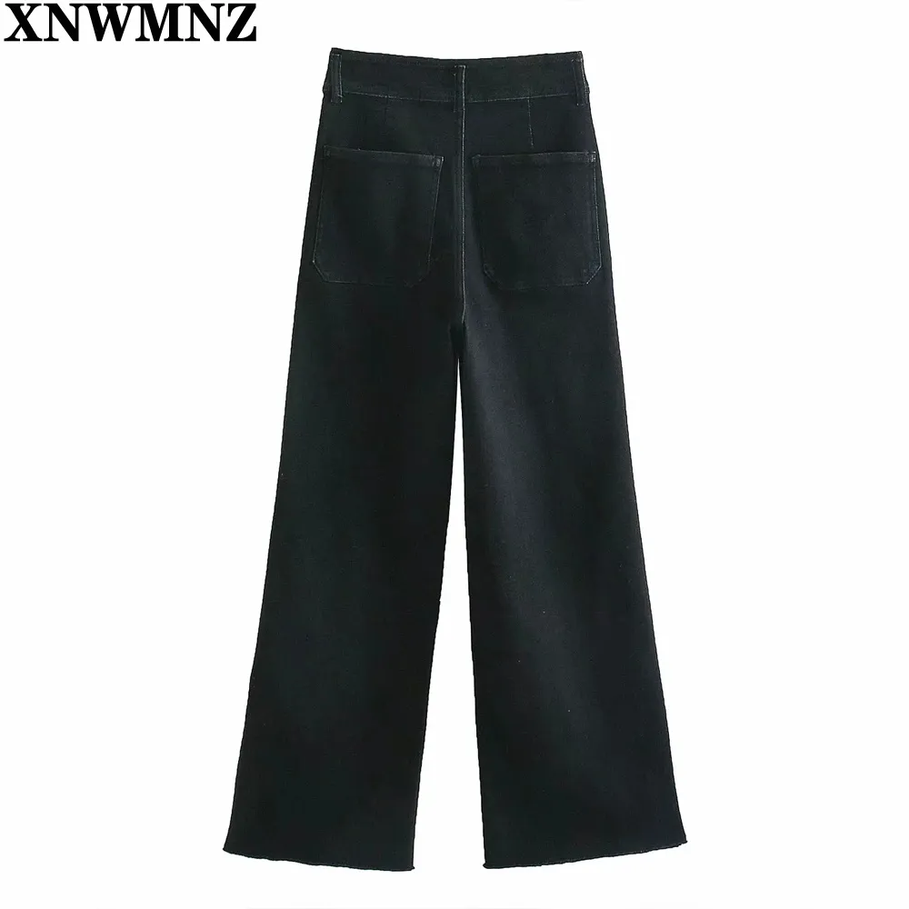 Premium poche plaquée marine jean droit femme denim pantalon Vintage taille haute Zipper Fly Denim femme cheville pantalon Mujer 210520