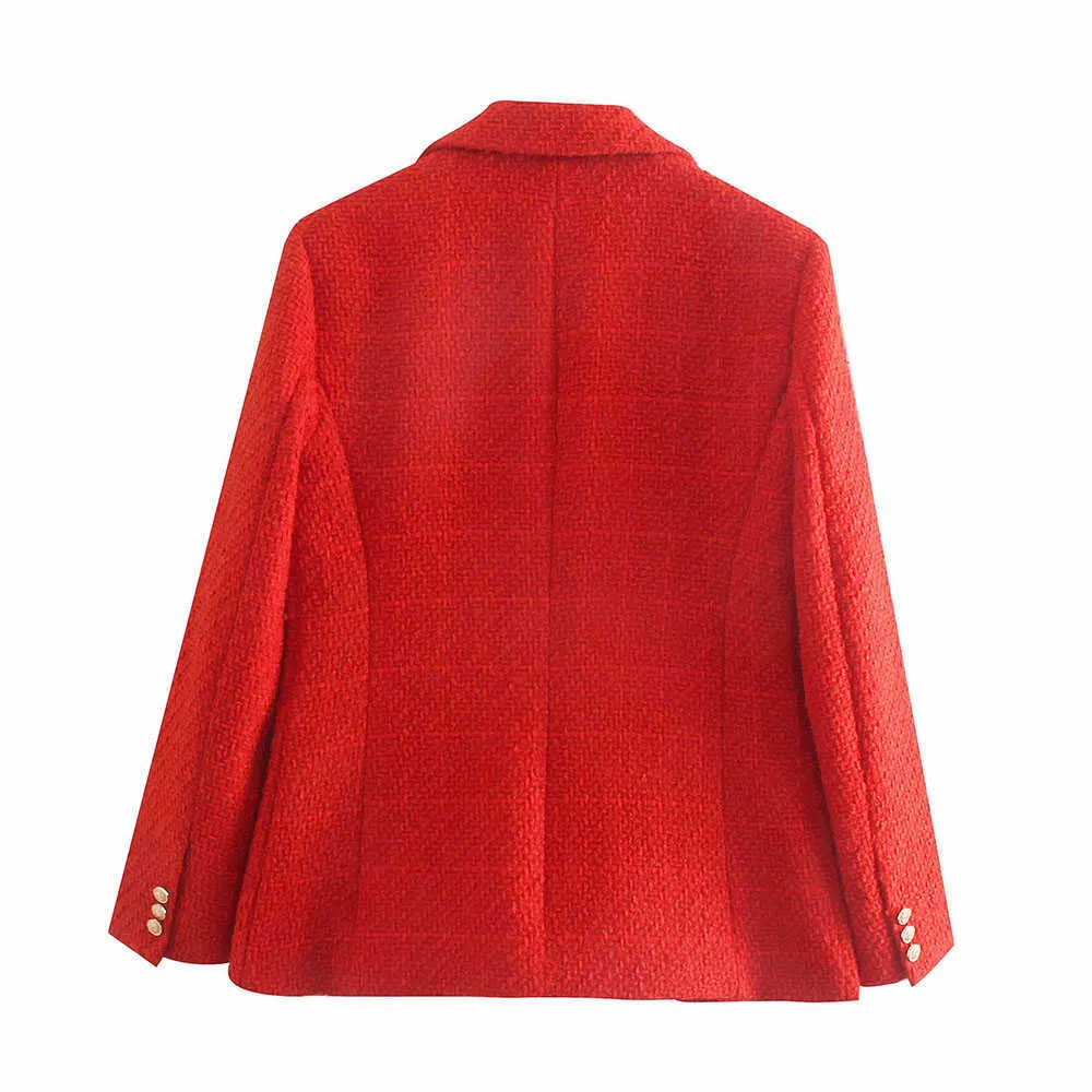 Za Women Fashion Texture Double Breasted Woolen Check Blazer Coat Vintage Long Sleeve Pockets Female Outerwear Chic Veste 211006