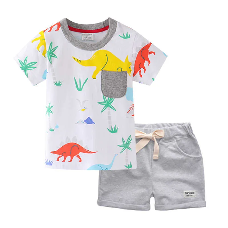 Biniduckling verano moda niños ropa para niños camiseta + pantalones cortos o-cuello dinosaurio algodón ropa para niños conjuntos x0802