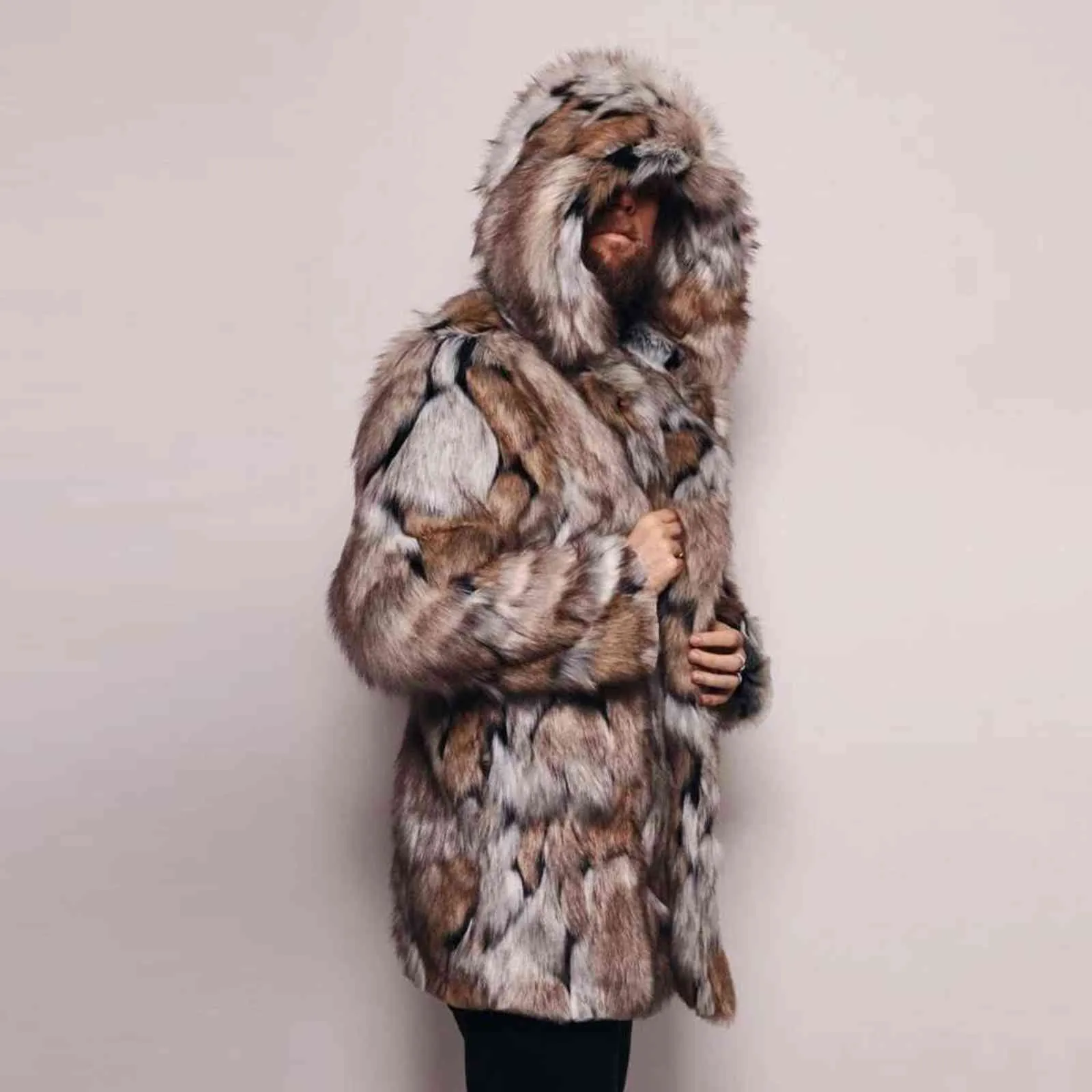 Fashion Mens Warm Leopard Thick Hooded Coat Jacket Faux Fur Outwear Overcoat Mens Warm Leopard Thick Hooded Coat Outwear#g30 211110