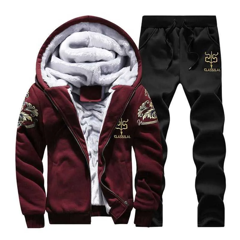 EAEOVNI Mäns Vinter Tracksuit Set Hooded Jacket och Pant Outfits Varm Casual Set Hoodie Print Fleece Fodrad Fashion Sets X0909