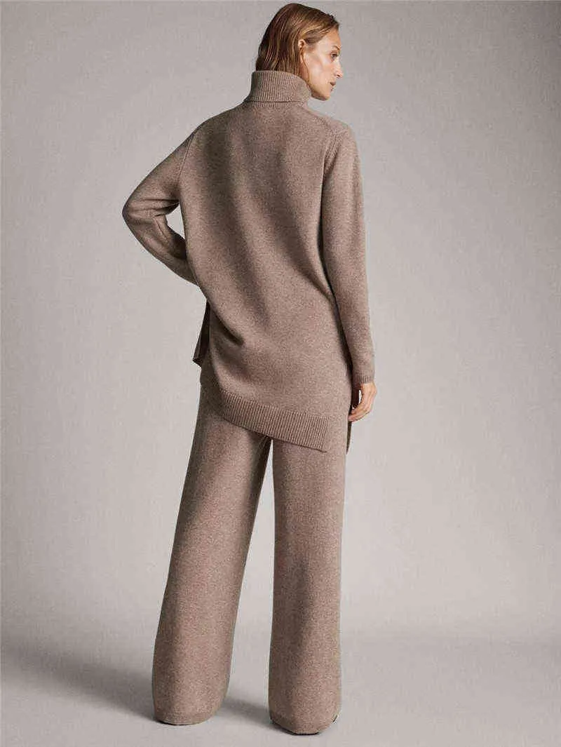 Lyx två stycken 45% Cashmere + 30% ullpassar Kvinna Turtleneck Varm Mink Sticka Toppar Wide Leg Pant Sets F688 211106