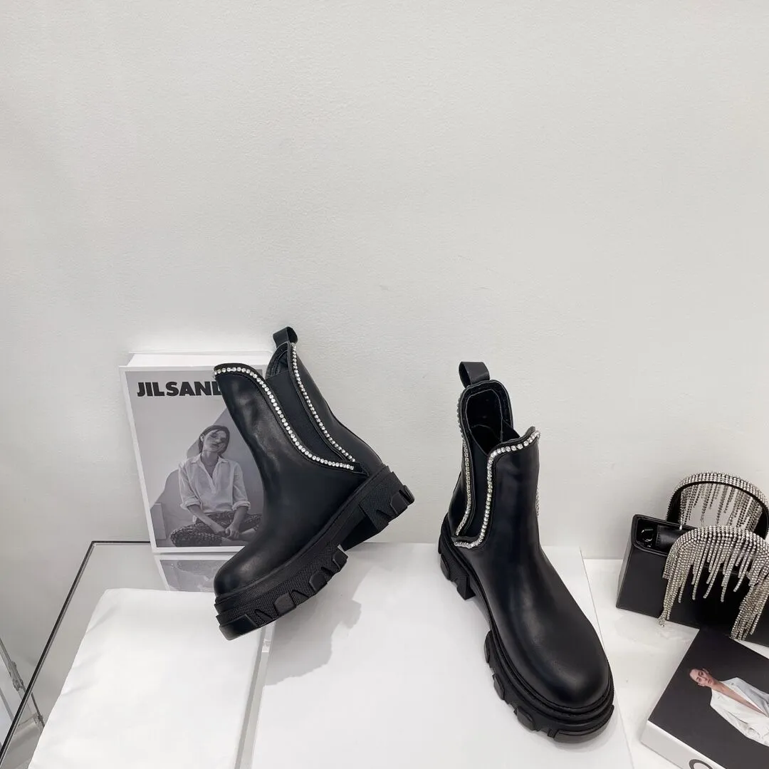 Bottes De chevalier en cuir véritable pour femmes, bottes courtes à plateforme en cristal, bottes De moto à enfiler, chaussures De styliste Goth Botas De Mujer, nouvelle collection hiver