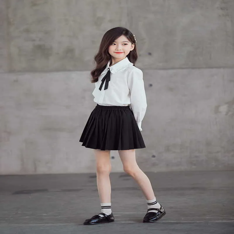 Bahar Kore Tarzı Genç Kızlar 2-ADET Setleri Beyaz Gömlek + Katı Renk Pileli Etek Çocuk Giysileri E1362 210610