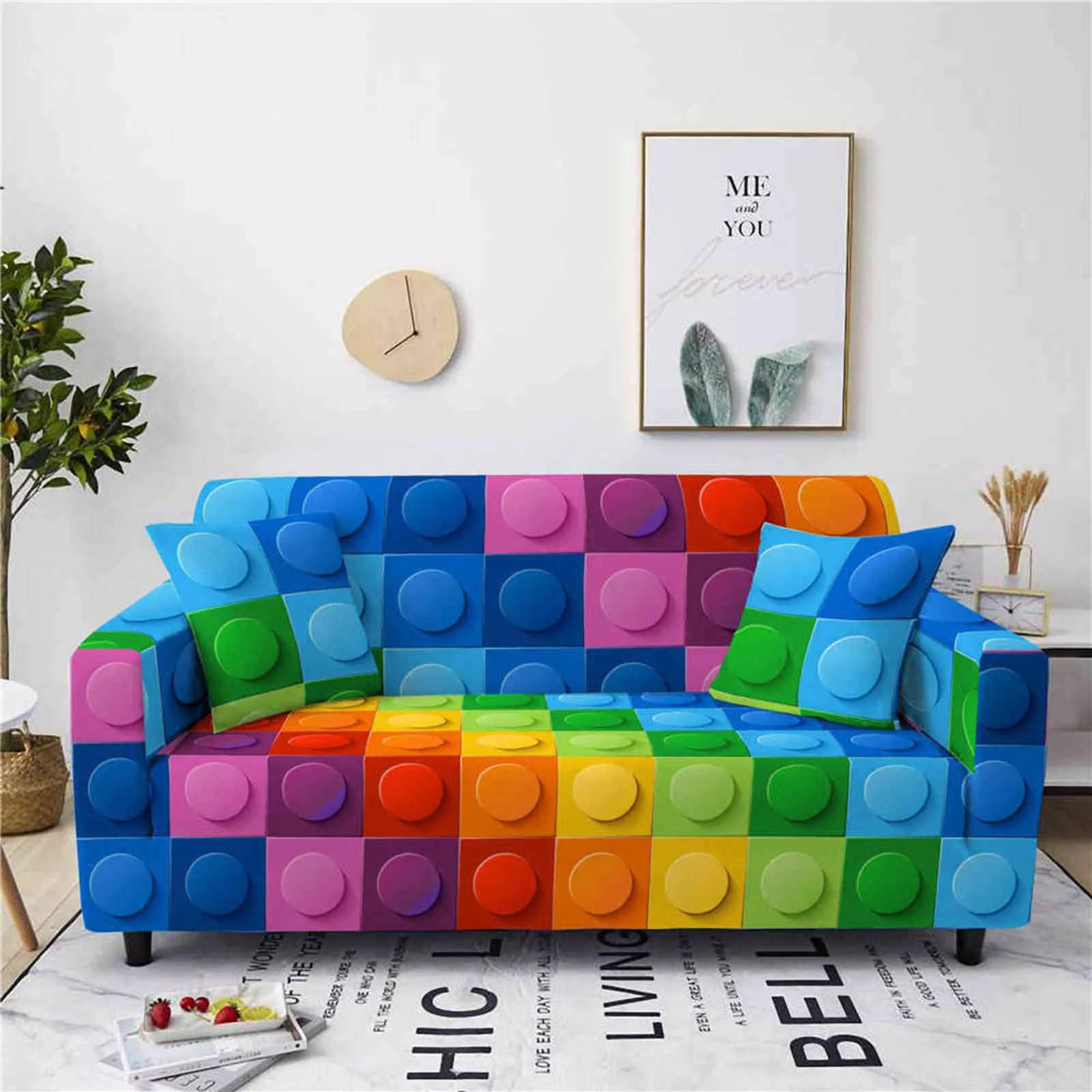 Kleurrijke vierkante structuur Sofa Cover voor Woonkamer Decor 1/2/3/4 Seater Elastic Couch L Sectional Stretch SnowCover 211116