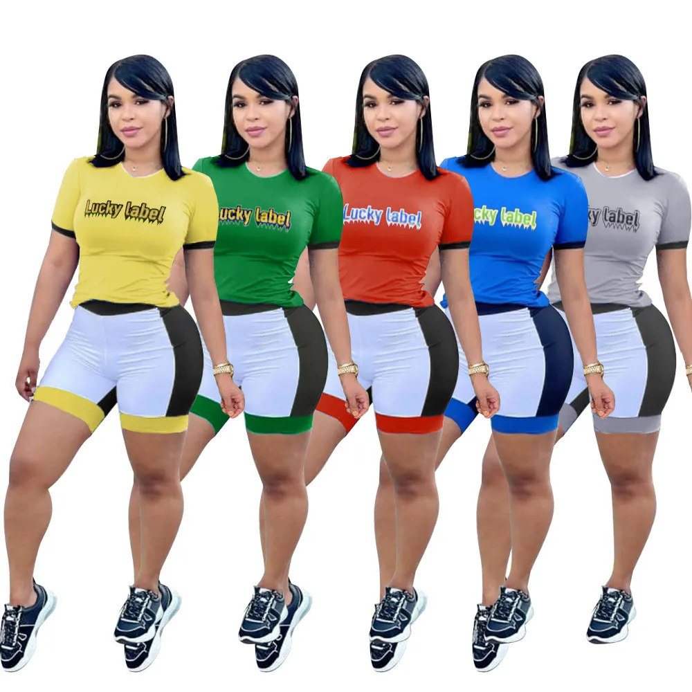 Summer Women Dressits Szorty Rękaw Listy Mody Dorywczo Łączenie 2 Sztuka Jogger Sets Stroje jogi Siłownia Ubrania Plus Size Sportwear