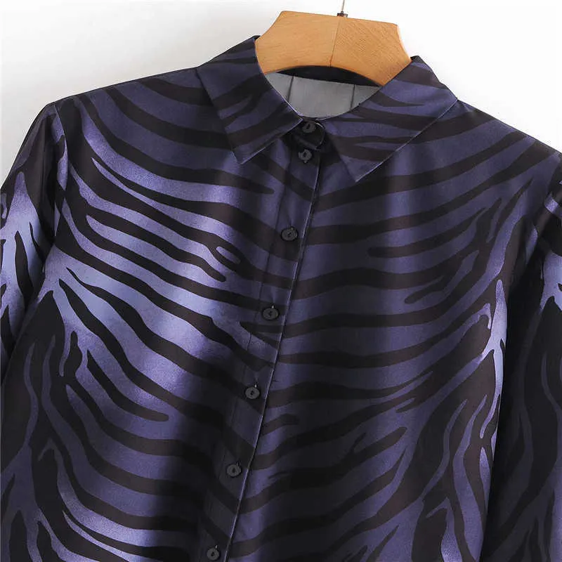 Za zebra impressão vintage camisa mulheres manga comprida lapela colar de escritório senhora top feminino moda botão montado camisas 210602