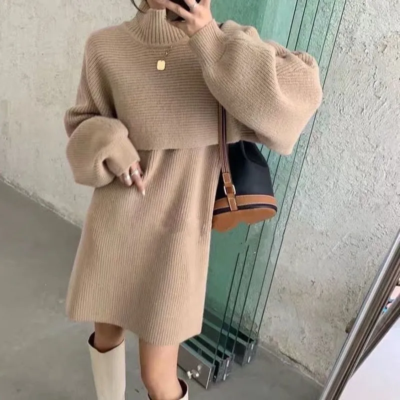 Ezgaga Knit Two Piece Set Women Fashion Turtleneck Sweater Jumper Sleeveless Elegant Dress Loose Solid Pullover Office Lady 220221