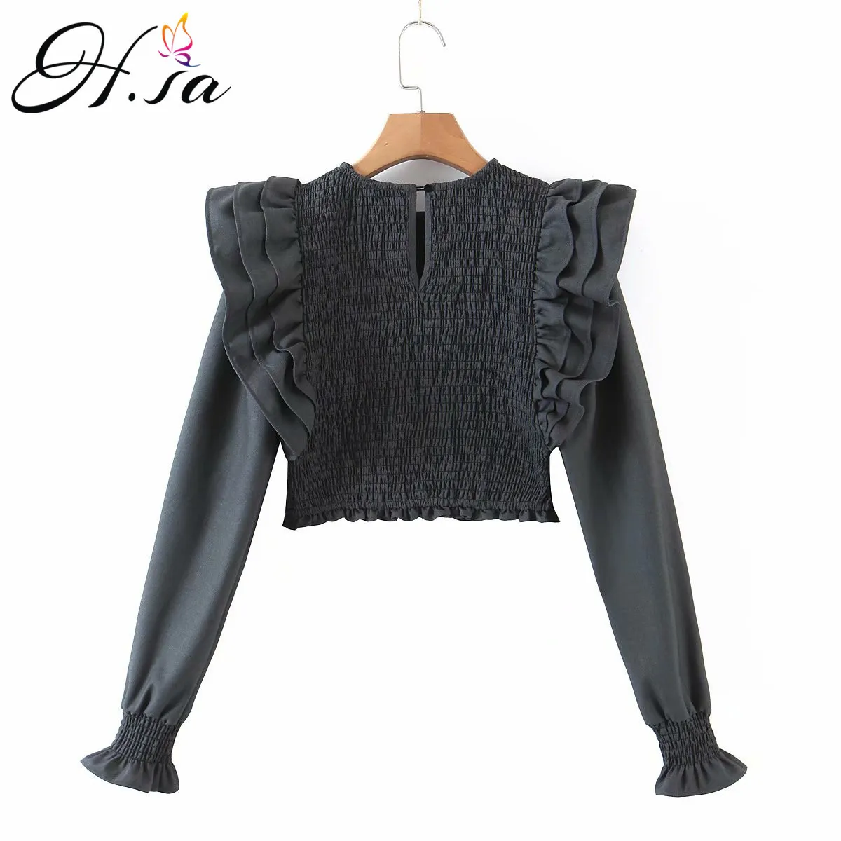 HSA Spring Arrivals Women Black Ruffles BeuGhees Slim Elastic Maniche lunghe blusa camicie sexy camicetta de mujer 210417