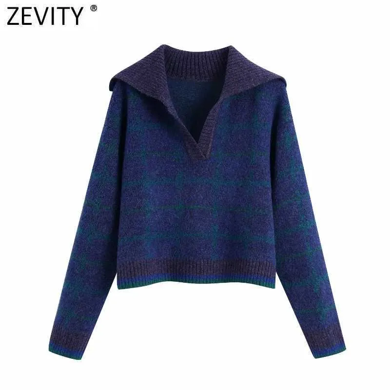 Zevity, suéter de punto suelto informal a cuadros con cuello vuelto a la moda para mujer, jerséis elegantes de manga larga para mujer, Tops S574 210603
