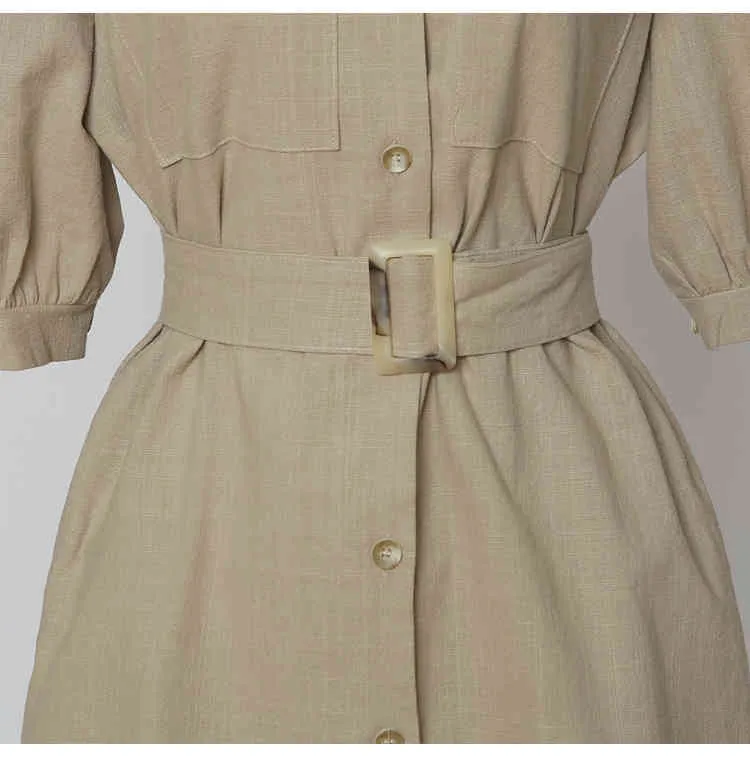 Bureau d'été pour femmes OL Robe rétro coton lin simple boutonnage taille haute manches bouffantes décontracté mini robe 210518