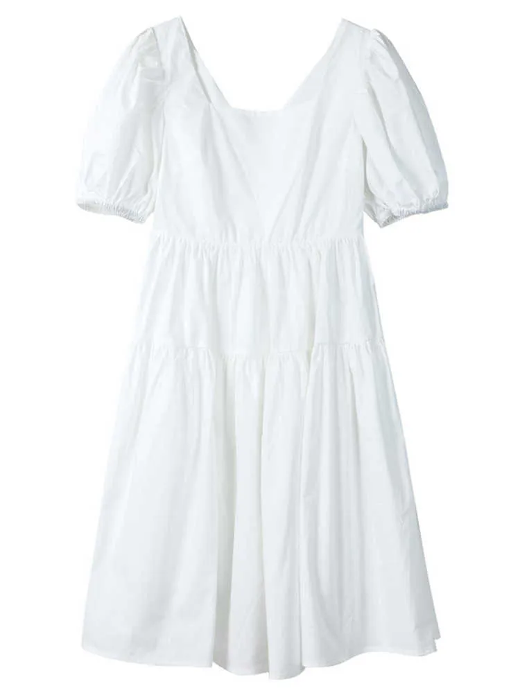 Verano francés de longitud media de altura corta blanco sólido línea A Puff manga cuello cuadrado vestido elegante para mujer 210615