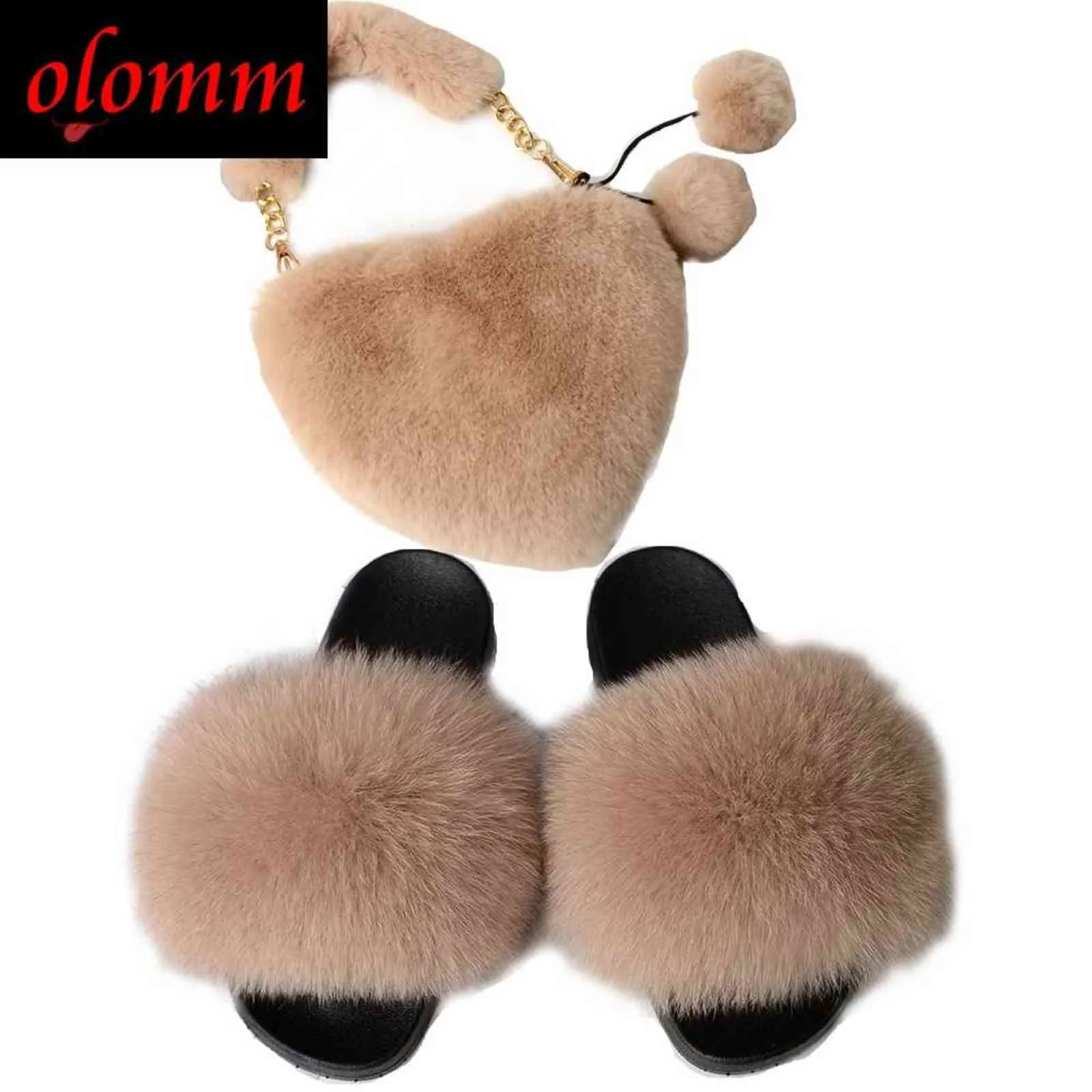 Sommar kvinnor räv päls tofflor set mode fluffig furry handväska casual plysch päls glidor skor söta faux kanin päls väskor sätter het h1122