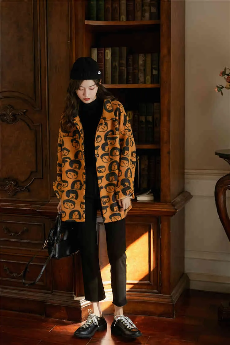 Cappotto vintage in lana da donna, giacca in tweed, stampa arancione, capispalla firmati cappotti e giacche invernali 210427