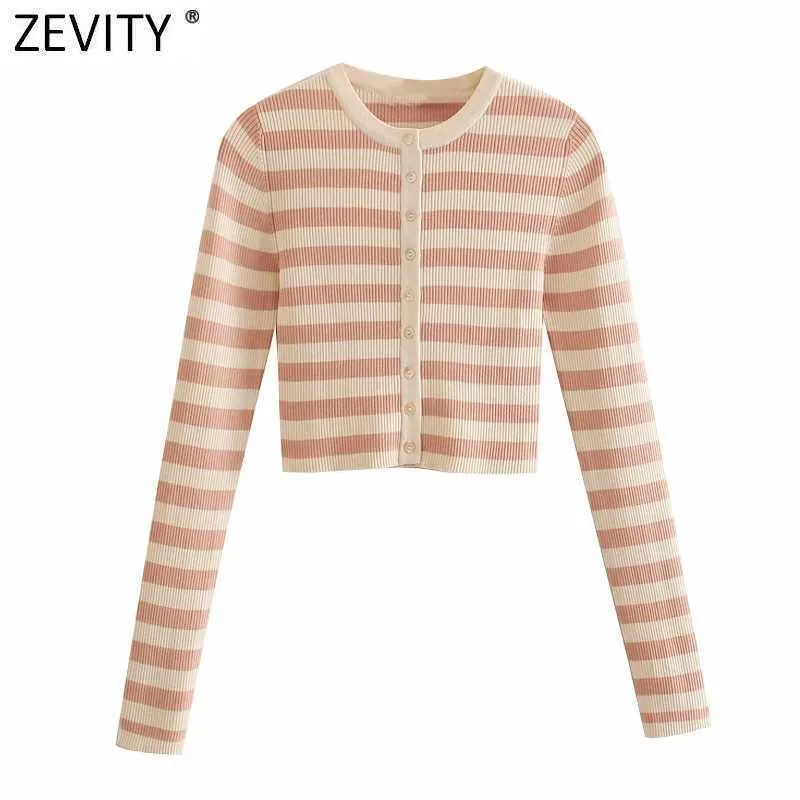 Zevity Women Fashion O Neck Striped Print Short Knitted Sweater Coat Female Chic Long Sleeve Cardigans Slim Crop Tops SW811 210603