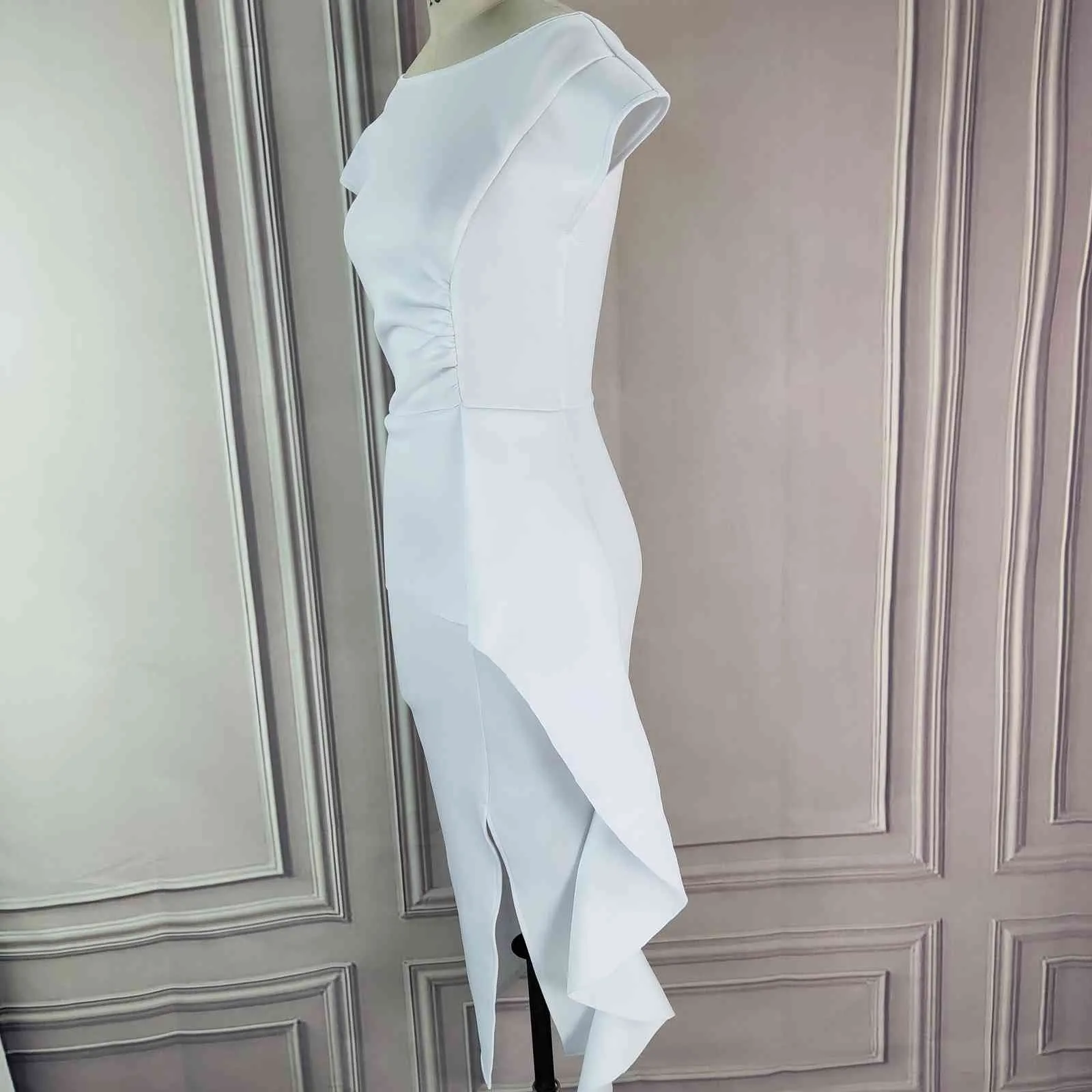 Białe sukienki Bodycon Slim Stylowe Eleganckie Panie Ruffles Split Kobiety Tight Tights Size Plus Size Kobiet Spłaszcz Zdarzenie Szaty Tuniki 210416