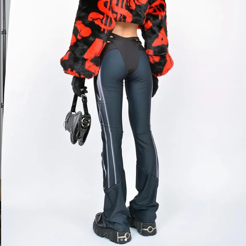 ペルソンコントラストカラーズボン女性の春のハイウエストファッション中空アウトパッチワークストレートパンツ210427