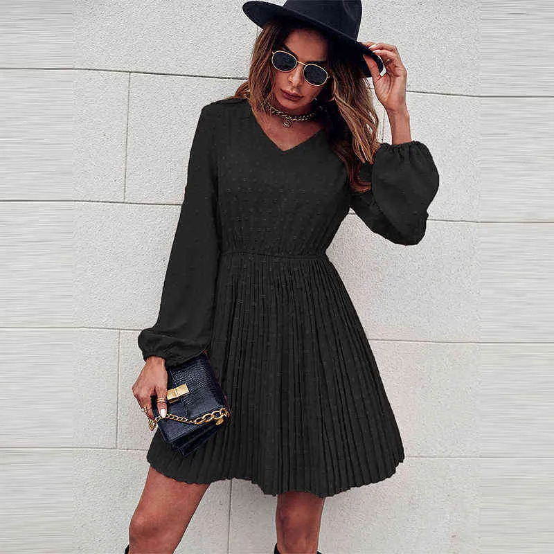 Elegant Solid Color Long Sleeve Party Dresses Fashion Office Ladies Elastic Waist A-Line Dress Casual Loose Spring Pleated Dress Y1204