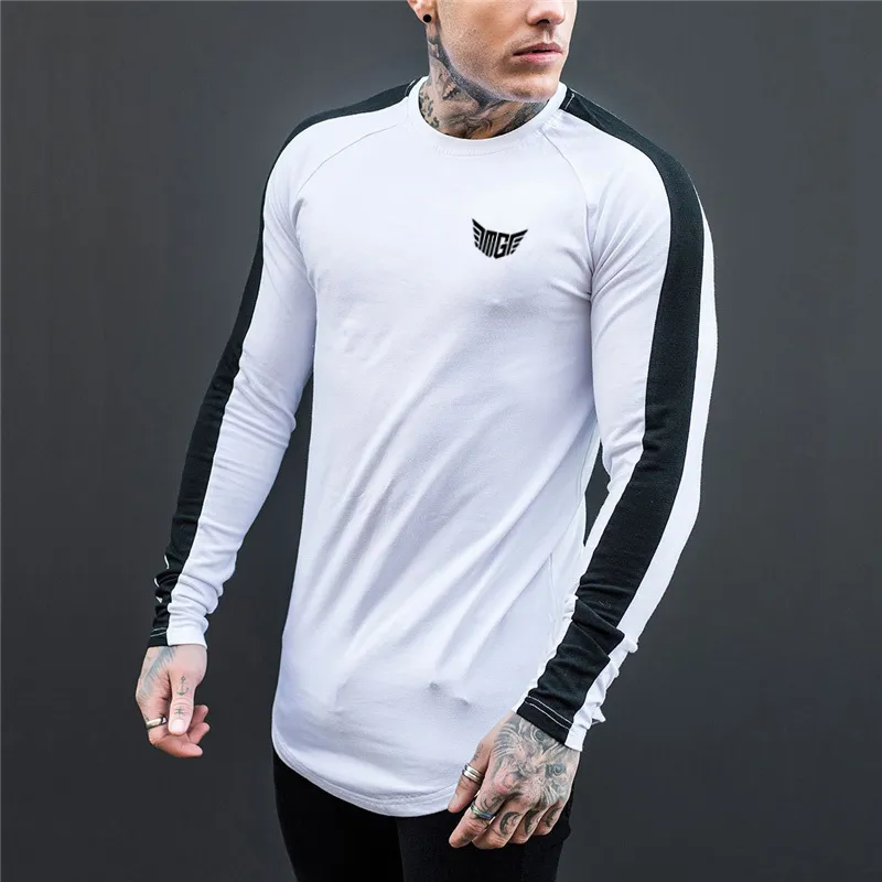 Mode O-Neck T Shirt Men Patchwork Bomull TEE Top Male Hiphop Streetwear Långärmad Fitness Tshirts Män Slim Fit Tee Shirts 210421