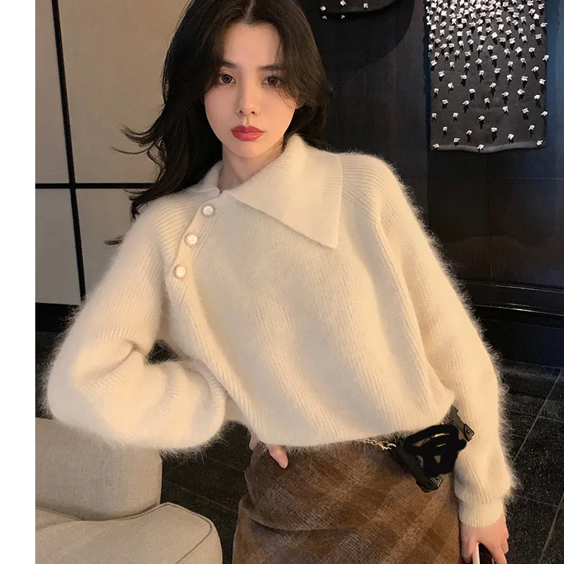 Kvinnor Cashmere Sweater Koreansk stil Strikkad Casual Höst Kvinna Lösa Asymmetriska Pullovers Pull Femme 210519