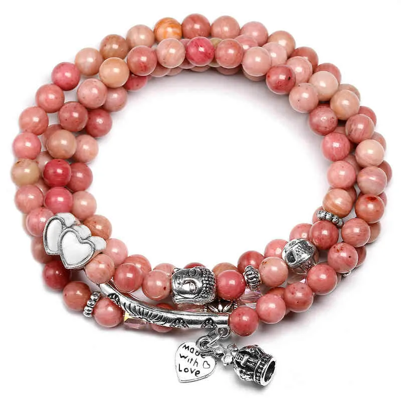 6mm rodocrosite naturale perline filo donne Lotus OM Buddha braccialetto di fascino 108 Mala collana gioielli Yoga