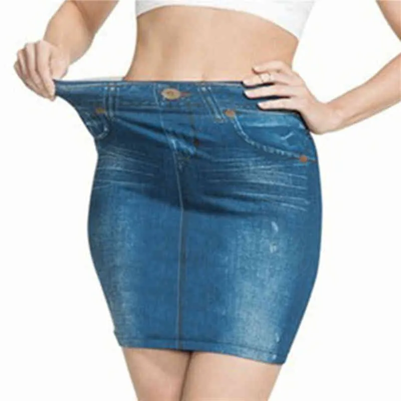 Plus Size Women Faux Denim Skirt Fashion Print SeamlJean Skirts Short Slim High Waist Elastic Polckets Female Mini Dress X0428