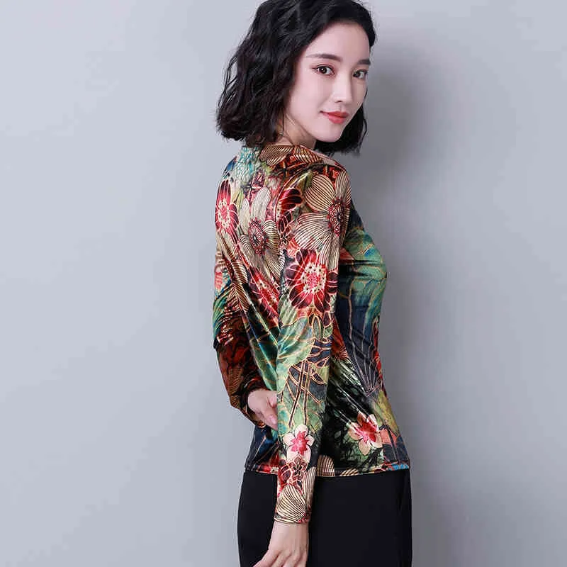 Autunno Coreano Stampato Top Manica Lunga O-Collo Abbigliamento Casual Elegante Donna Camicette Slim Large Size 6112 50 210415