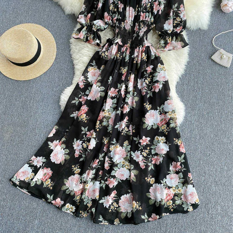 Bohemian Floral Print Frauen Chiffon Kleid Sexy Slash Neck Kurze Flare Hülse A-Line Off Schulter Schlank Vestidos Weibliche 2021 Neue y0603