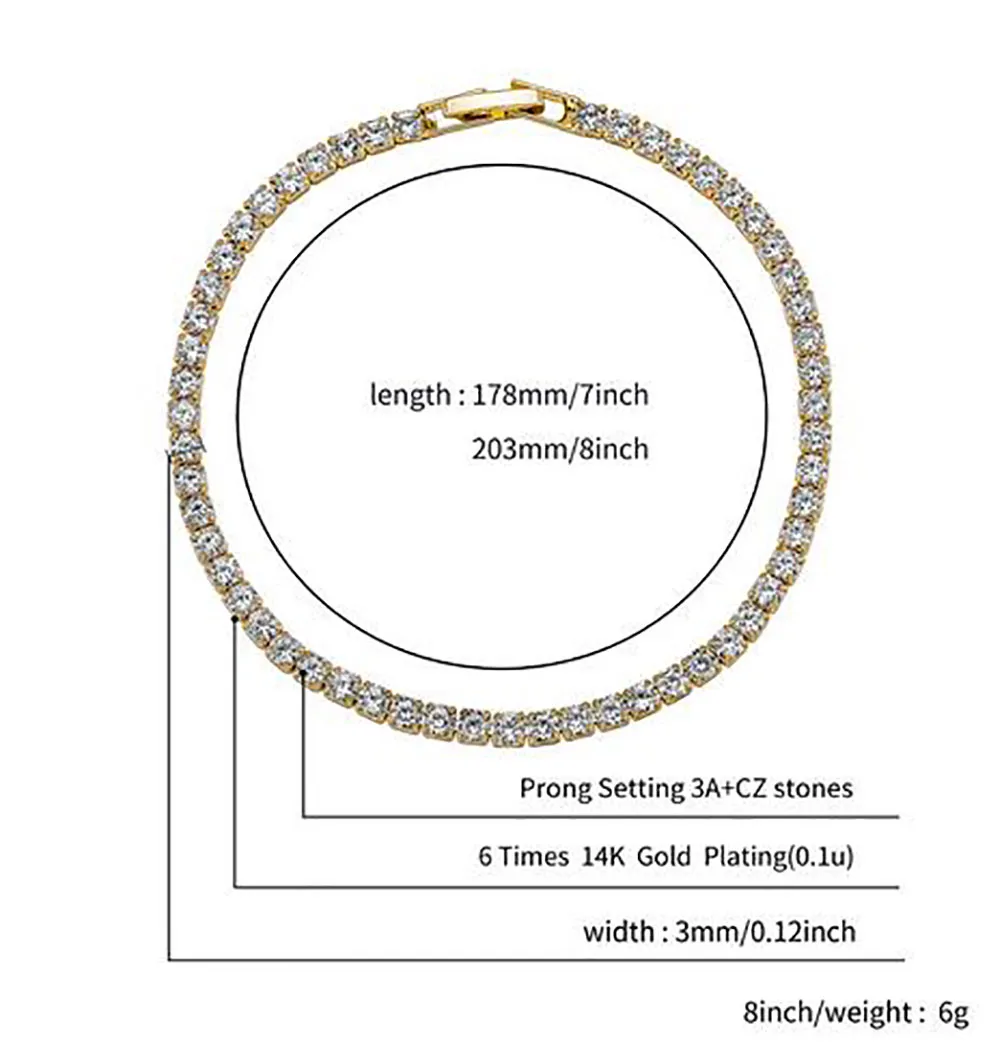 Bracelet de tennis plaqué or 14 carats pour hommes et femmes, style Hip-hop, micro-encastré, 3mm, 4mm, 5mm, 7ich, 8 pouces de longueur, Whos2528