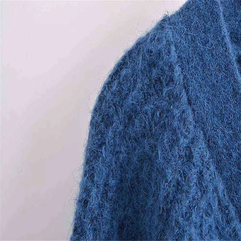Za hiver bleu surdimensionné tricot Cardigan femmes à manches longues grande taille pull ample féminin Chic bouton haut tricoté manteau hauts 211117