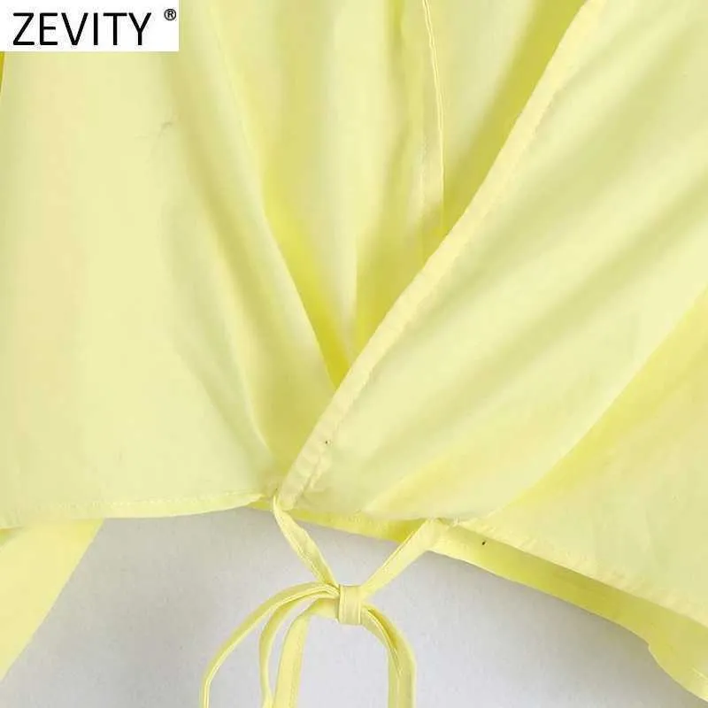 Zevity Women Fashion Cross V Neck Hem Bow wiązana Krótkich Smock Bluzka Kobieta Z Długim Rękawem Kimono Koszulki Chic Crop Blusas Topy LS90081 210603  t
