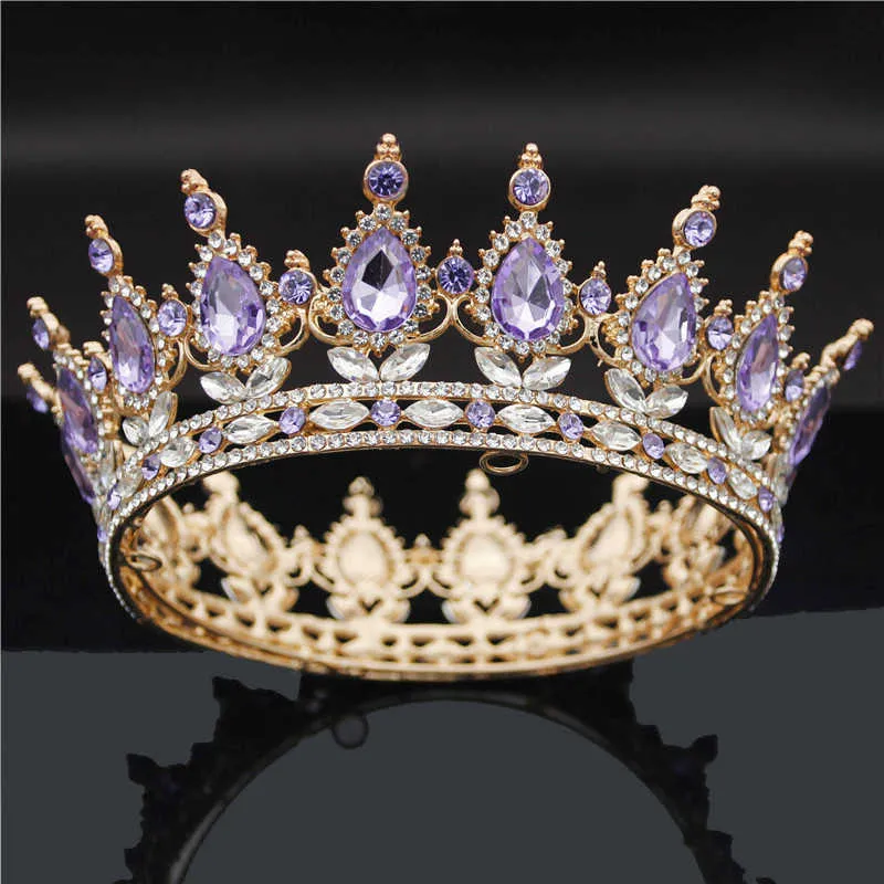 Gold Purple Queen King Bridal Crown For Women Headdress Prom Pageant Wedding Tiaras and Crowns Hair Jewelry Accessories 210616256C