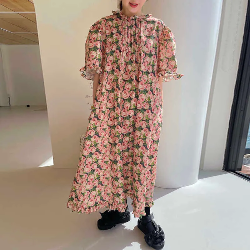 Korjpaa Kvinnor Klänning Sommar Koreanskt Chic Kvinna Västra Stil Retro Rund Neck Pläterad Puff Sleeve Fungus Floral Vestidos 210526