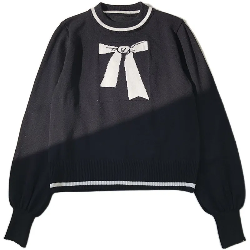 Kimutomo Sweet Retro Laço Estampado Suéter Feminino Com Decote O Contraste Cor Contraste Chique Pulôver De Malha Coreana Moda 210521