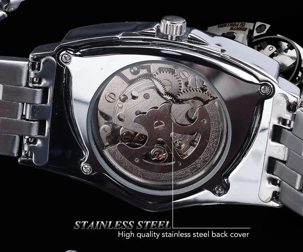Duncougar Triangle Skeleton Dial Automatic Horloge Zwart Zilver Rvs Waterdichte Mechanische Horloge Top Merk Mannen Klok