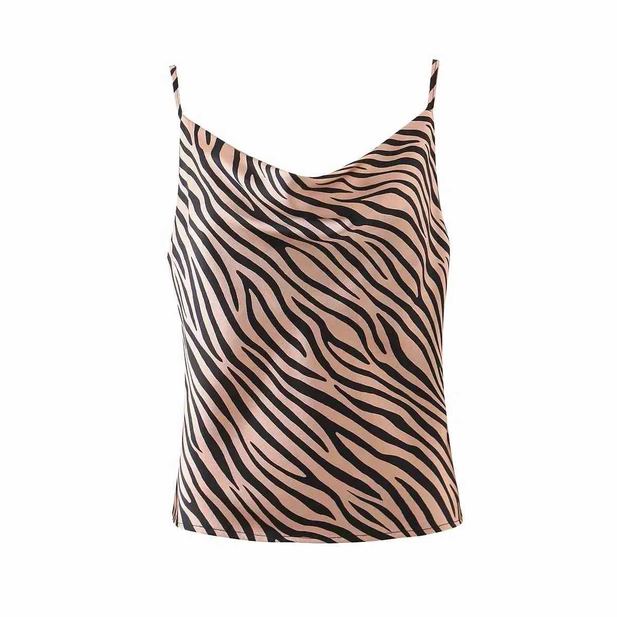 Foridol Zebra Drukuj Satin Camis Topy Kobiety Letni Pasek Casual Chic Jedwabny Tank Tops Backless V Neck Cami Khaki Topy 210415