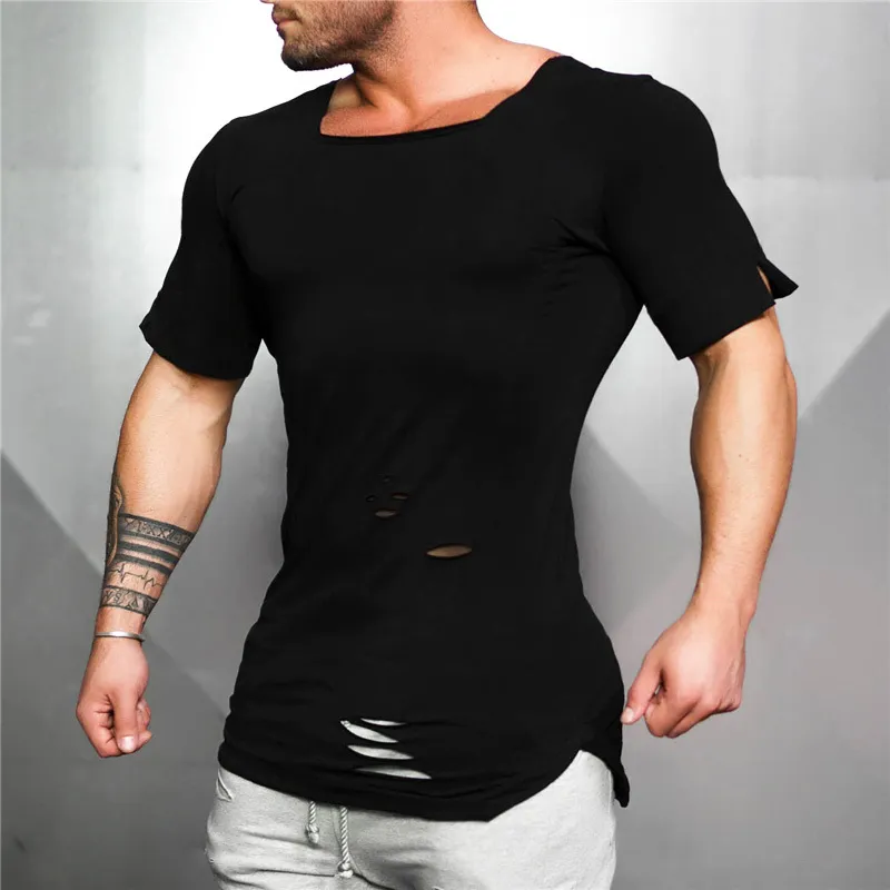 Muscleguys Marque Nouvelle Mode Solide T-shirt Hommes Hip Hop Étendre T-shirt Hommes Ripped Destroy Hole Coton Fitness T-shirt Homme 210421